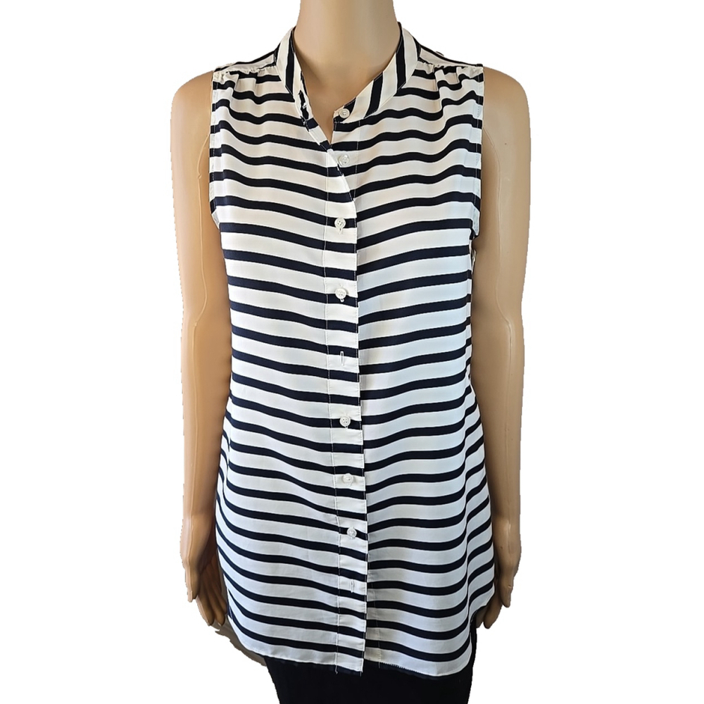 J. Crew Women's White and Navy Striped Button Down Sleeveless Top Size 4
